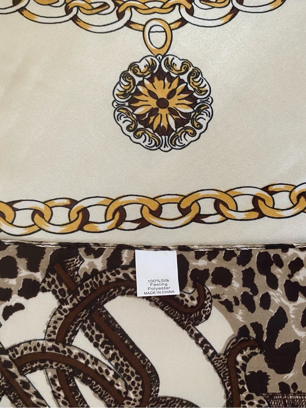 Cream Brown Gold Chain Medallion Print Scarf Wrap Top